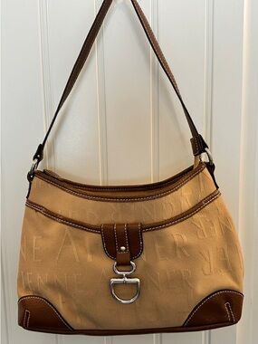 Etienne Aigner Logo Jacquard Shoulder Bag Tan Brown Leather Trim Purse